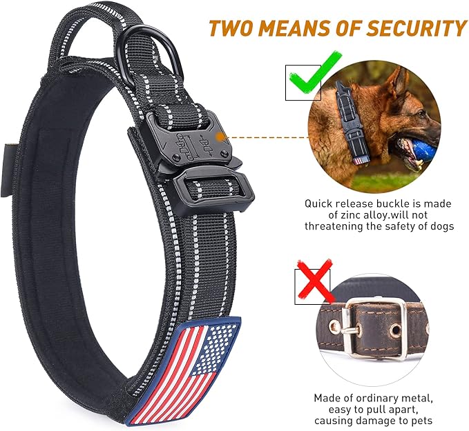Tactical Dog Collar - AUBELL Adjustable Military Training Nylon Reflective Dog Collar with Handle and Heavy Duty Metal Buckle for Medium Large Dogs, with Airtag Holder and 2 Patches(Black, M)
