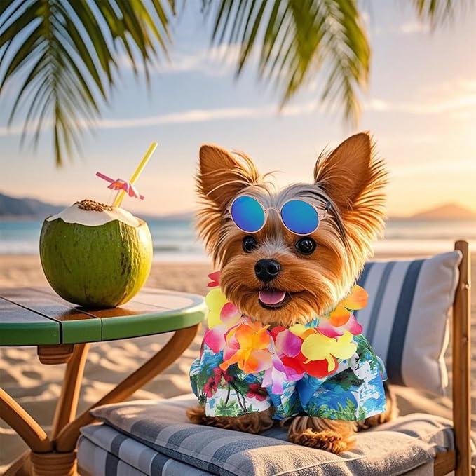 3 Pieces Pet Hawaiian Costume Summer Shirts Sunglasses and Wreath for Small to Medium Dog Cat (Large)