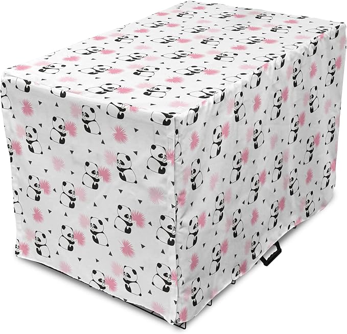 Lunarable Panda Dog Crate Cover, Cartoon Style Bear Drawings Pinkish Foliage Leaves Chinese, Easy to Use Pet Kennel Cover for Small Dogs Puppies Kittens, 18 Inch, Pale Pink Rose Black