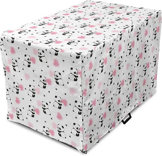 Lunarable Panda Dog Crate Cover, Cartoon Style Bear Drawings Pinkish Foliage Leaves Chinese, Easy to Use Pet Kennel Cover for Small Dogs Puppies Kittens, 18 Inch, Pale Pink Rose Black