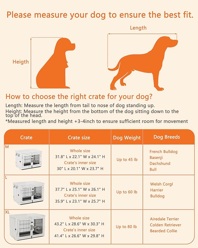 Piskyet Wooden Dog Crate Furniture with 360°Rotatable Removable Dog Bowls, Dog Crate End Table with Tray, Double Doors Dog Kennels for Dogs(XL:43.2" L*28.6" W*30.3" H, Marble White)