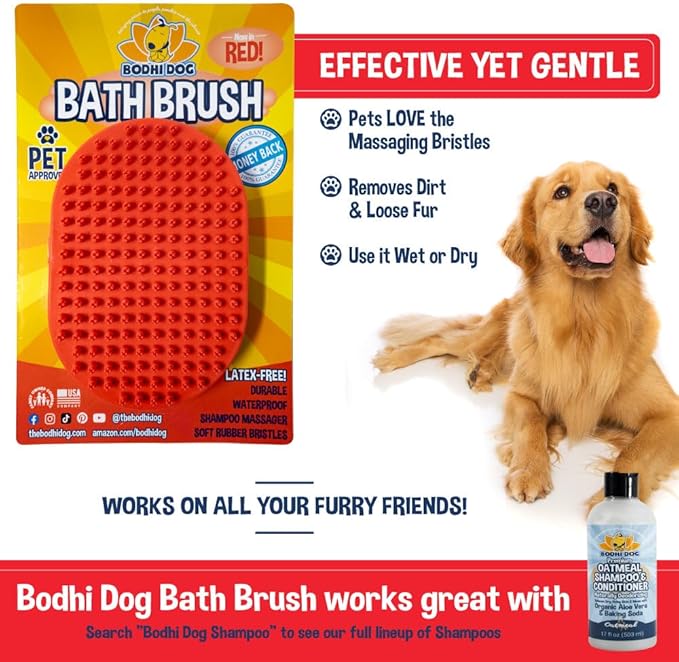 Bodhi Dog Shampoo Brush - Pet Grooming & Bath Supplies for Cats and Dog - Bath Brush for Long & Short Hair - Premium Scrubber for Shower, Bathing & Massage (One Pack, Red)