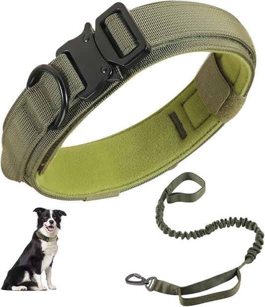 Tactical Dog Collar and Leash Set, Adjustable Military Nylon Dog Bungee Leash and Collar with Handle and Heavy Metal Buckle, Dog Training Collar Leash Set for Medium Large Dog (L, Green)