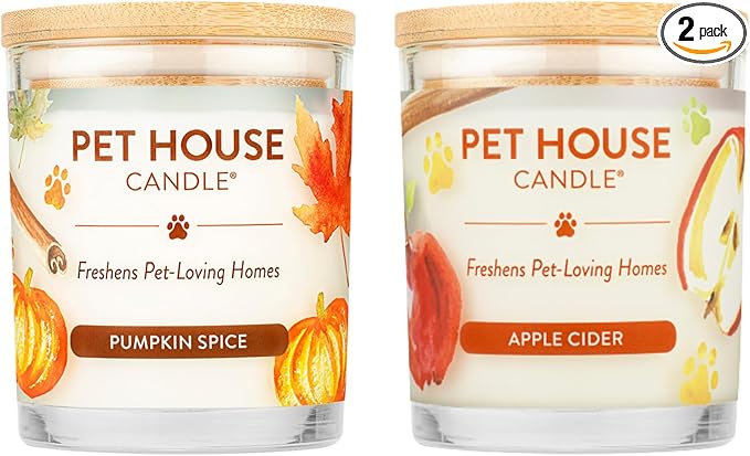One Fur All Pet House Pumpkin Spice and Apple Cider Candles 2 Pack - Plant-Based/Soy Candle - Clean Burning Scented Candles, Long Lasting Pet Odor Candle for Home