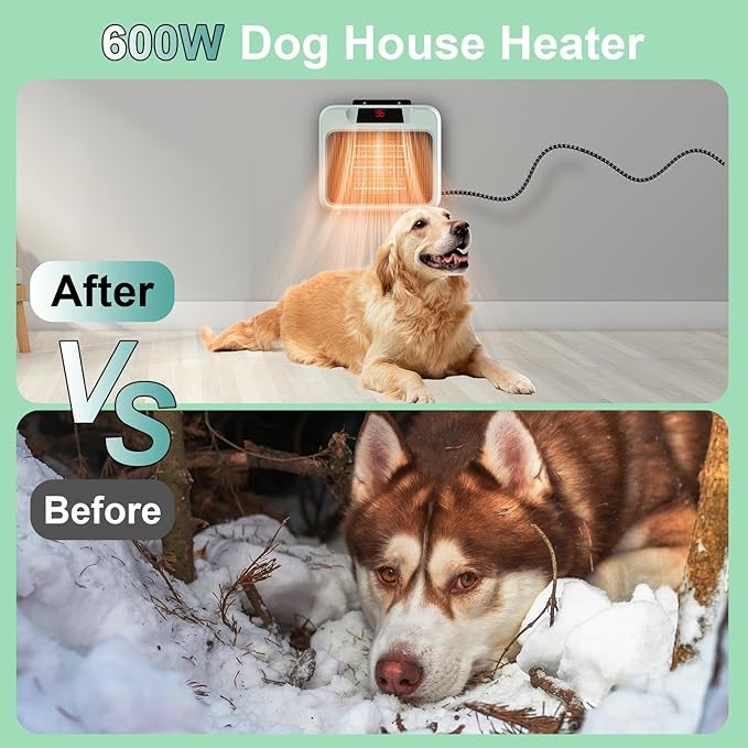 Dog House Heater for Outdoor & Indoor Use - 600W/300W Safe & Efficient Heating for Pet Houses, Chicken Coops, Rabbit Hutches - Wall-Mounted Design with Overheat Protection & Anti-Chew Cord (grey)