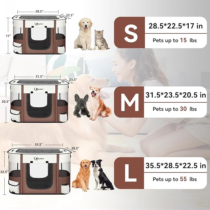 Dog Cat Playpen28/31/35in, Pet Puppy Portable Playpens for Outdoor Travel Crate, Indoor After Surgery Use, Foldable Dog Kennel Tent for Rabbit or Small Animals and Tent Stakes (Brown, Large)