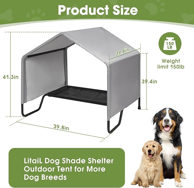 Dog Shade Shelter Outdoor Tent for Small Medium Large Dogs, Waterproof Sun Protection Dog Tent with Bed, Outside Sun Rain Canopy Pet House for Dogs Cats Livestock, Grey, 39.8x39.8x41.3 in