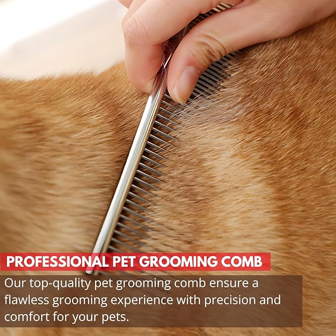 Chrome Pet Grooming Comb Premium Stainless Steel Dematting Tool with Rounded Teeth for Dogs & Cats Best for Removing Knots,Tangles,Perfect for Long & Short Haired Pets (Chrome)