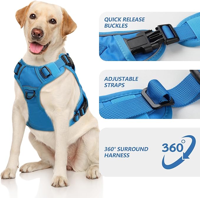 WINGOIN Blue Tactical Dog Harness for Large Medium Dogs No Pull Adjustable Pet Harness with Handle Reflective K9 Military Service Dog Vest for Walking Hiking Training (M)