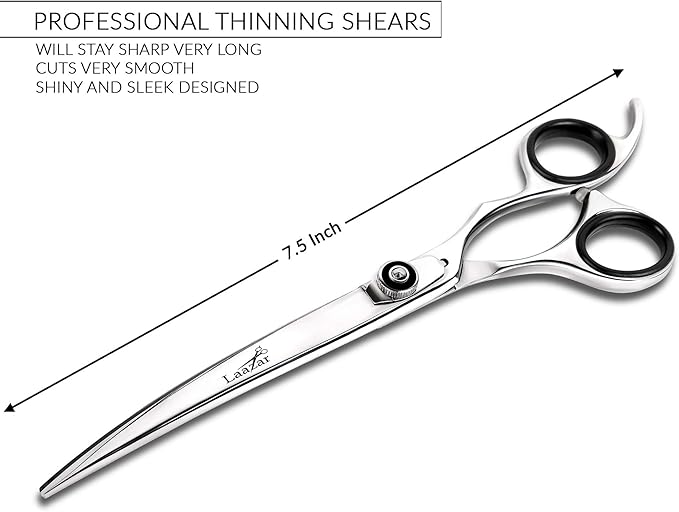 Laazar Professional 7.5 inch Curved Shears for Dogs and Cats | Tension Adjustable Pet Grooming Scissors | 440C Japanese Stainless Steel | Groomers Tool for Men and Woman Leather case Included