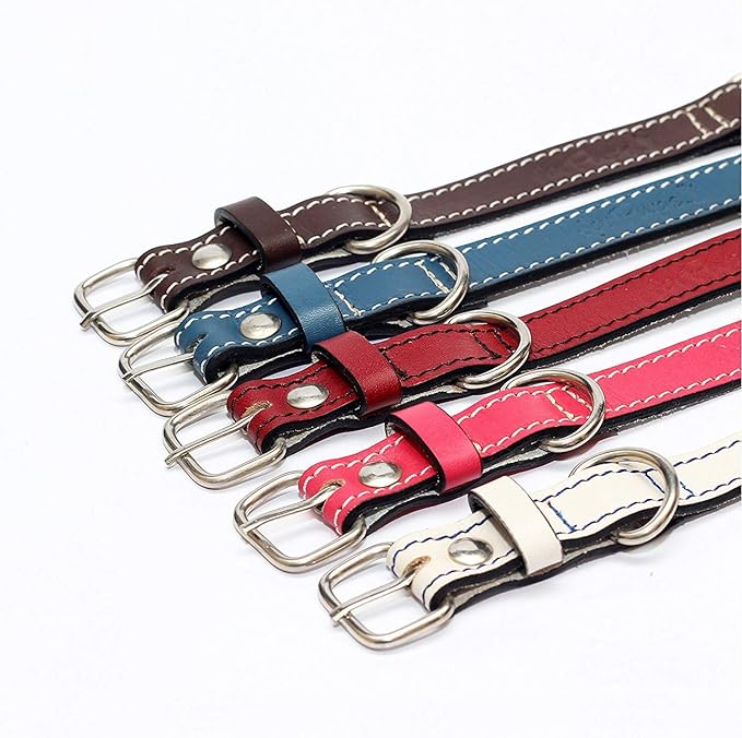 Premium Leather Collars with Stainless Steel Buckles (12"-15", Red)