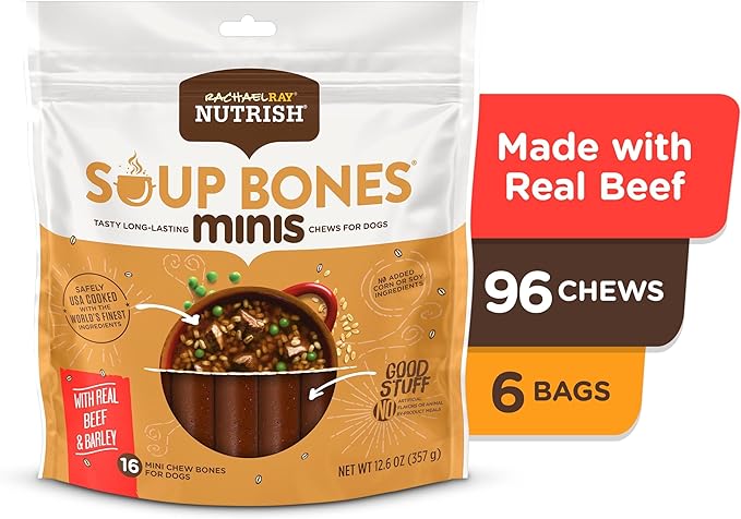 Nutrish Rachael Ray Soup Bones Minis Dog Chews with Real Beef & Barley, 16 Chews, 12.6 oz Pouch (Pack of 6)