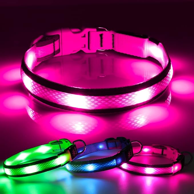BSEEN Light Up Dog Collar - Reflective LED Dog Collar Light, Adjustable Glowing Puppy Collar, Rechargeable Dog Camping Gear Dog Walking Lights for Small Medium Large Dogs (Small, Pink Ⅱ)