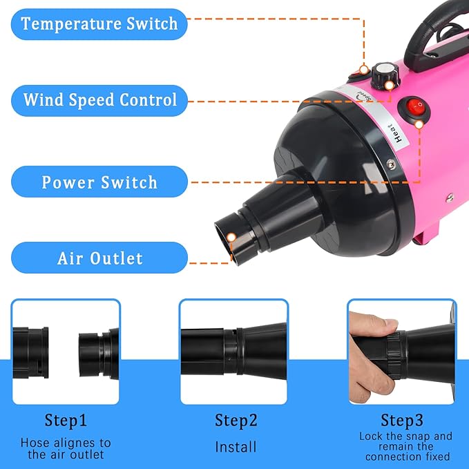 Dog Dryer for Large Dogs 5.2HP 3800W High Velocity Pet Hair Dryers with Heater for Grooming, Spind Temperature Adjustable Pet Dryer Machine with 4 Nozzles (Pink)