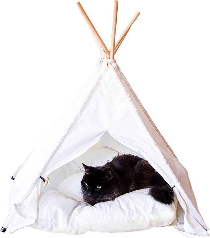 Cat Tent, Portable Dog Tent for Small Pets, Stylish Teepee Design, Cozy Hideaway Reduces Pet Stress, Easy Clean Canvas, Foldable Pet Bed - White, Portable