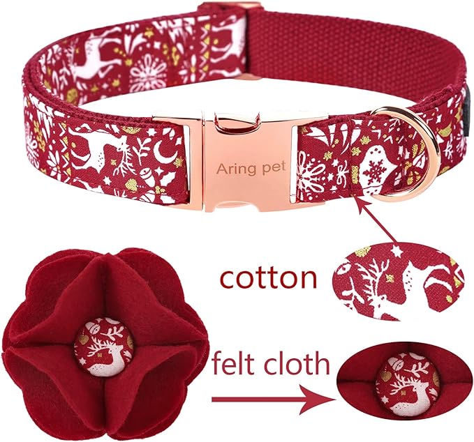 ARING PET Christmas Dog Collar-Red Dog Collar with Felt Flowers, Cotton Christmas Girl Dog Collars Pet Collars with Metal Buckle