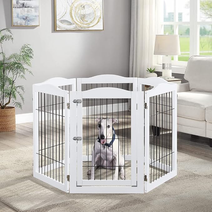 beeNbkks Extra Wide Pet Gate, 6 Panels Freestanding Dog Gate with Walk Through Door and 5 Support Feet, Foldable Pet Barrier Fence for Stairs Doorways Fireplace, Indoor Exercise Playpen for Dogs Cats