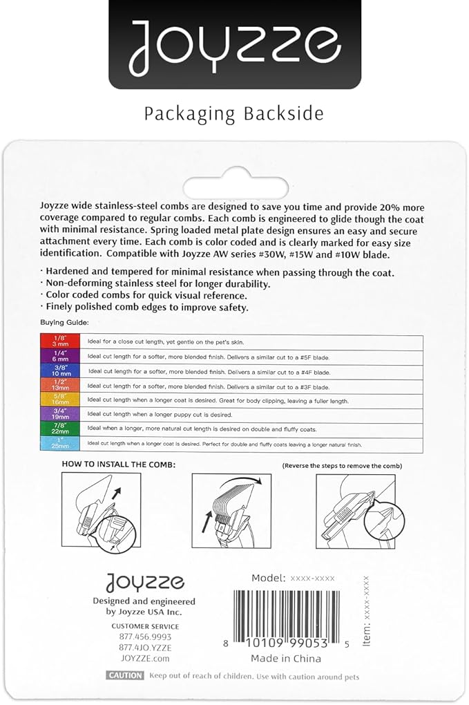 A Series Wide 10mm 3/8" Metal Comb - Professional Dog Grooming Blades for Smooth Coat, Durable and Precise for Trimming and Finishing, Compatible with A Series Clippers