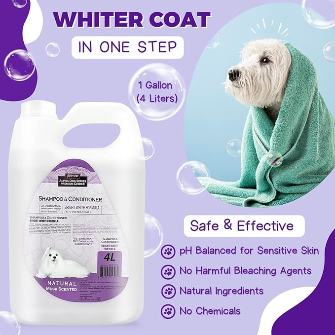 Alpha Dog Series Bright White Natural Whitening Dog Shampoo and Conditioner for Dogs with Aloe Vera, pH Balanced Dog Shampoo and Conditioner Set, Tear-Free for Sensitive Skin, 4L (1Gallon)