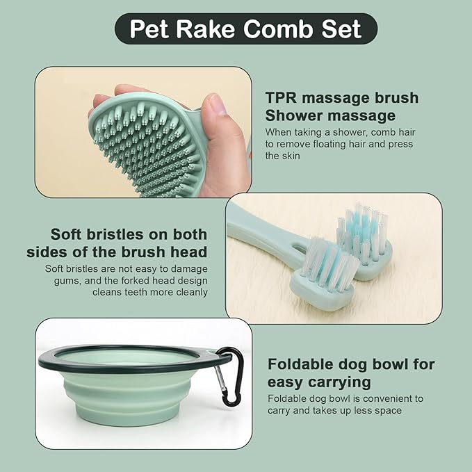 8 Pcs Pet Grooming Kit, Cat Dog Brush, Nail Clipper, Deshedding Brush, Undercoat Rake, Pet Shampoo Bath Brush, Toothbrush, Collapsible Bowl