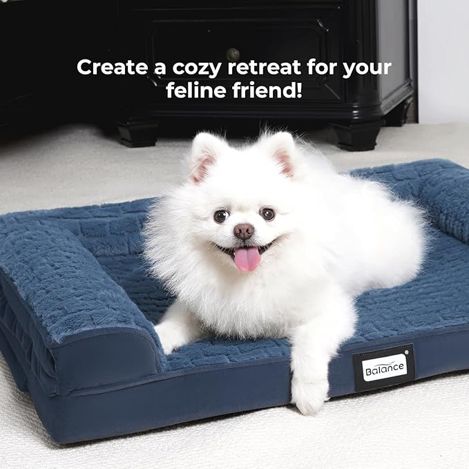 BALANCE Orthopedic Dog Bed, Egg Crate Foam Dog Couch for Pet Sleeping, Pet Sofa with Removable Washable Cover & Nonskid Bottom, Comfy Dog Bed for Small Dog, Blue