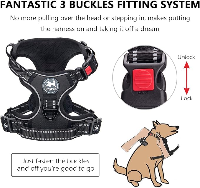 PoyPet No Pull Dog Harness, No Choke Front Clip Dog Reflective Harness, Adjustable Soft Padded Pet Vest with Easy Control Handle for Small to Large Dogs(Black,L)