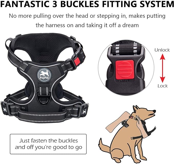 PoyPet No Pull Dog Harness, No Choke Front Clip Dog Reflective Harness, Adjustable Soft Padded Pet Vest with Easy Control Handle for Small to Large Dogs(Black,M)
