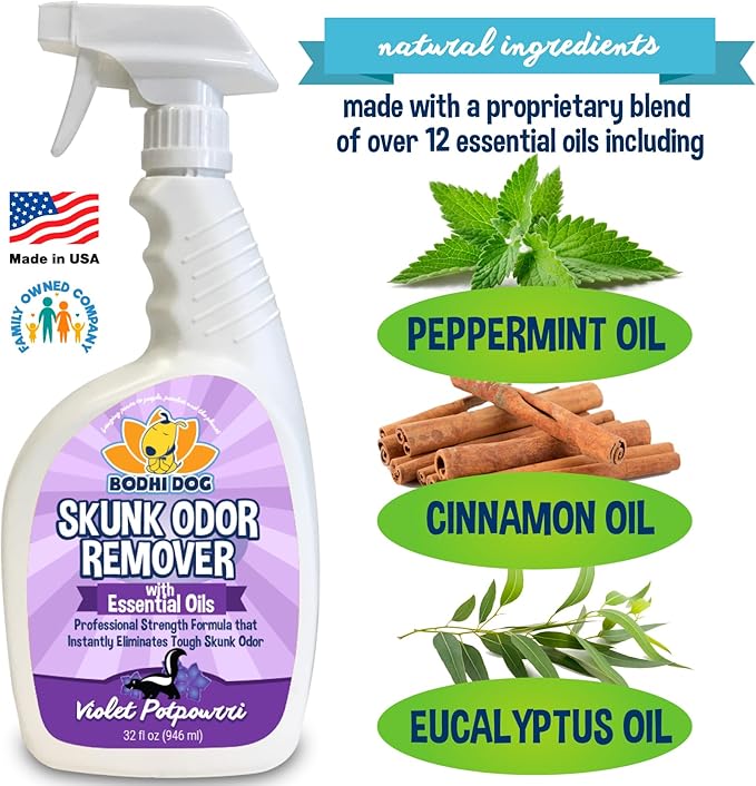 Bodhi Dog Pet Deskunk Spray Odor Eliminator- Skunk Smell Remover with Essential Oils for Dogs, Cats, Furniture, Carpet & Clothing - Safe, Non-Toxic Formula for Lasting Freshness (32 Fl Oz)