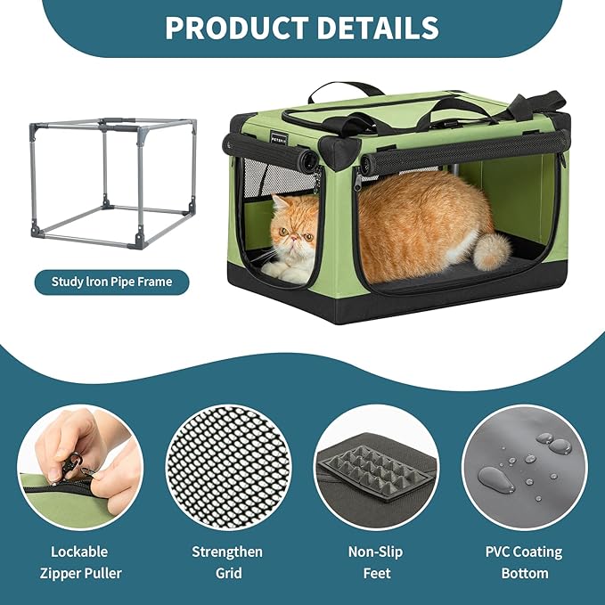 Petsfit Cat Crate - 20 Inch Lightweight, Easy Setup, Sturdy Portable, Adjustable Framework with 3 Mesh Door, Collapsible Dog Crate, Small Cat Kennel, Green 20inch