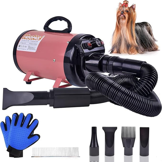 Dog Dryer, High Velocity Dog Hair Dryer, Dog Blow Dryer - Groomer Partner Pet Blower Grooming Force Dryer with Heater, Stepless Adjustable Speed, 4 Different Nozzles, Comb & Pet Grooming Glove (Pink)