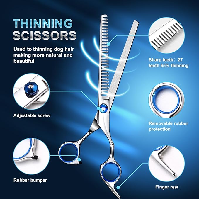 Odoland Dog Grooming Scissors Set Include Dog Slicker Brush, Pet Nail Clippers, Safety Round Tip Pet Grooming Shears for Kit Small Dogs Large Dog and Cats