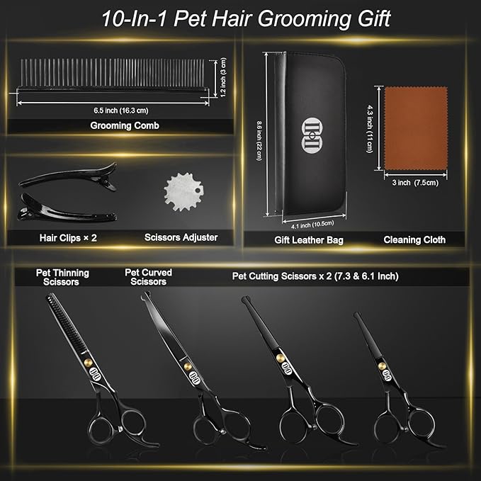 CIICII Dog Grooming Scissors Kit, 10-In-1 Professional Pet Grooming Scissors Set with Safety Round Tip (Dogs/Cat Hair Cutting Trimming Thinning Shears with Curved Scissors) for DIY Home Salon (Black)