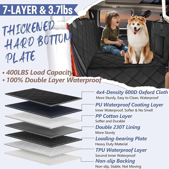 Back Seat Extender for Dogs Truck-Large Space, Truck Dog Seat Cover Back Seat Hard Bottom Holds 400lbs, Sturdy Pet Seat Covers for Trucks, Waterproof Backseat Dog Hammock for Truck