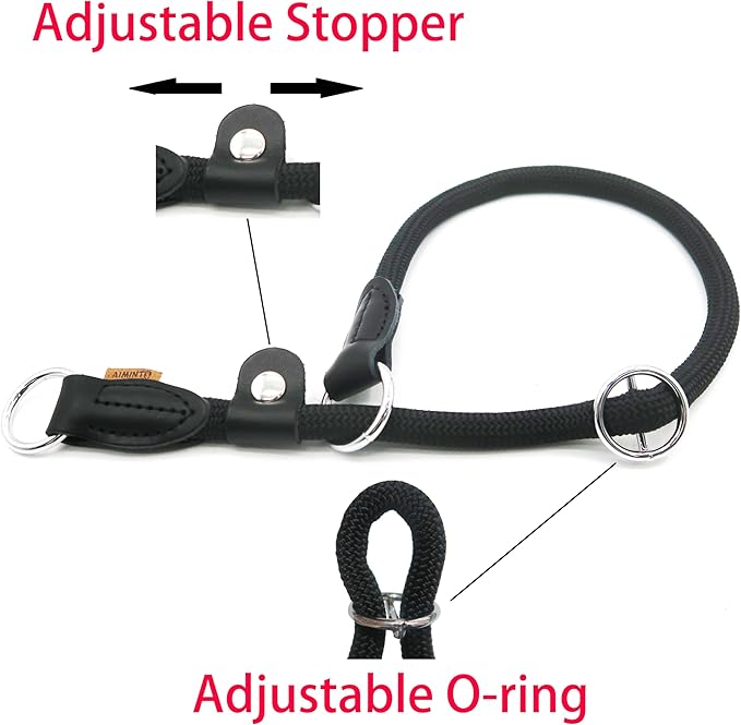 Braided Rope Collar, Training Dog Collar, Round Martingale Collar, Slip Collar with Adjustable Stopper and Slidable Stop Ring - Ideal for Medium Dogs (M(1/3") - 18" Long, Black)