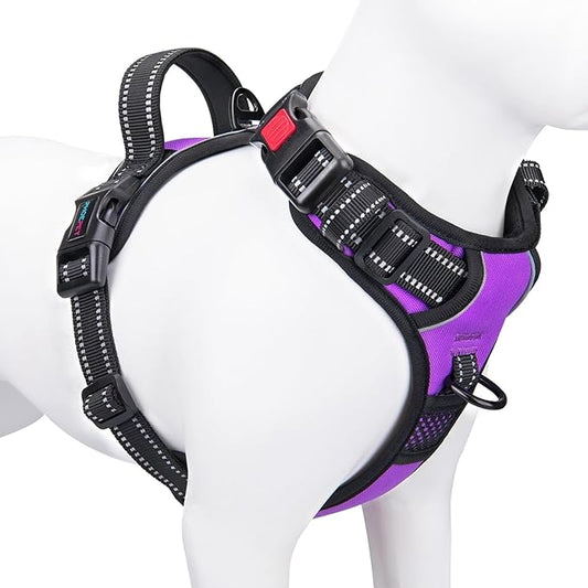 PHOEPET Reflective Dog Harness Large Breed Adjustable No Pull Vest with Handle 2 Metal Rings 3 Buckles [Easy to Put on & Take Off](XL, Purple)