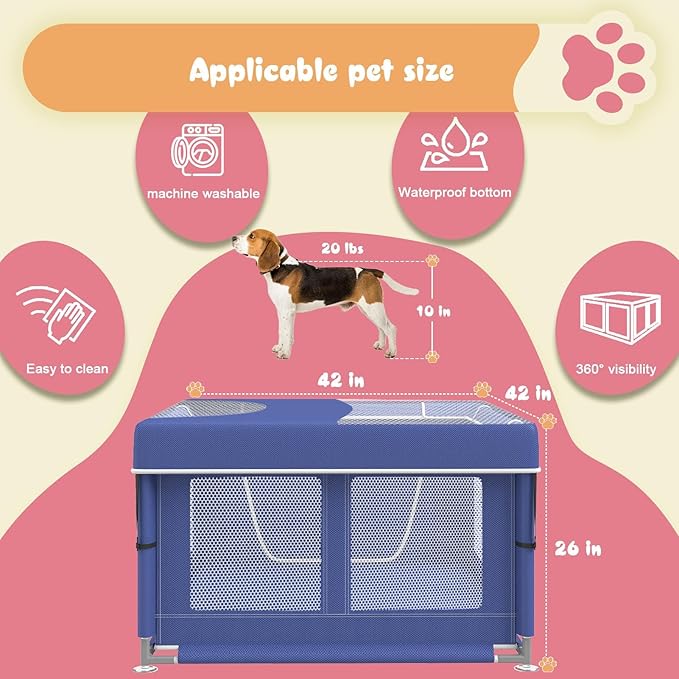 Dog Playpen 42 × 42 Inch, Puppy PlayPen with Gate for Puppies, Cat, Small and Medium Dogs, Pet PlayPen with Roof for Outdoors & Indoors, Thickened Fabric, Safe & Sturdy Dog Fence