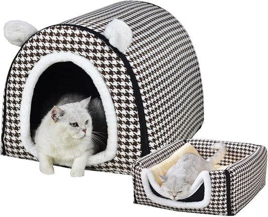 Cat Bed or Dog Bed,2 Ways to Use,Indoor Pet House with Fluffy Mat,Removable and Washable Cover,Non-Slip Bottom,for Cats and Small Dogs(S Brown Cranes)