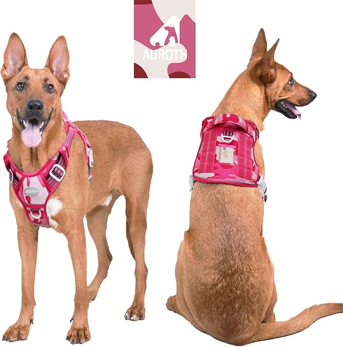 Auroth Tactical Dog Harness for Small Medium Large Dogs No Pull Adjustable Pet Harness Reflective K9 Working Training Easy Control Pet Vest Military Service Dog Harnesses Extra Large, Pink Camo