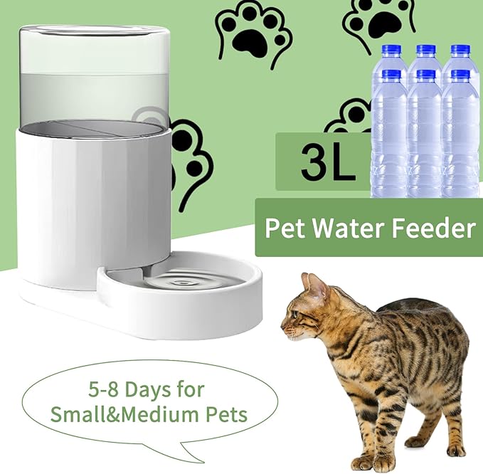 RIZZARI Automatic 3L Pet Waterer, Gravity Water Dispenser, 100% BPA-Free, Large Capacity Water Feeder for Cats and Small and Medium-Sized Dogs (White,3L)