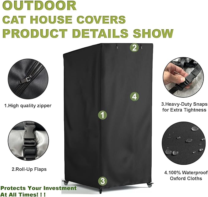 Outdoor Cat House Cover, Super Waterproof Feral Cattery Cat Cover, Cat Enclosure Cover, 600 D Heavy Duty Rain Sheet ,, 32x32x71 inch (Cover only)Black, Mx-1869-A