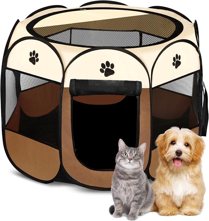 Pet Dog Puppy Playpen Dog Cat Tent Crates, Foldable Exercise Kennel Portable Playpen for Small Medium Dogs/Cats/Rabbits, Indoor Outdoor Travel Camping Use with Removable Zipper Top Brown