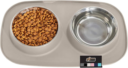 GORILLA GRIP Patent Pending 100% Waterproof BPA Free Cat and Dog Bowls Silicone Feeding Mat Set, Stainless Steel Bowl Slip Resistant Raised Edges, Catch Water, Food, Pet Accessories, 2 Cup, Beige