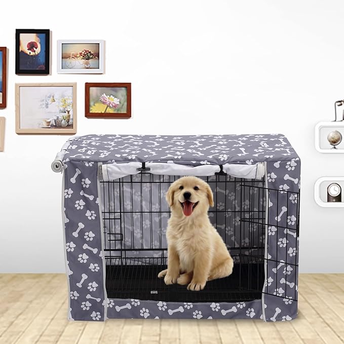 Dog Crate Cover Kennel Dogs Covers fits Small Medium Large crates cage Heavy Nylon Waterproof soundproof Indoor Outdoor - Cover only - Grey Bone paw - 24 inch