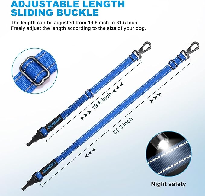 IOKHEIRA Dog Seat Belt 3-in-1 Car Harness for Dogs Adjustable Safety Seatbelt for Car Durable Nylon Reflective Bungee Fabric Tether with Clip Hook Latch & Buckle, Swivel Zinc Alloy Carabiner (Bule)