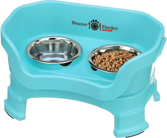Neater Feeder Deluxe Mess Proof Dog Bowls Elevated for Small Breeds – Made in USA – No Spill Raised Dog Food Bowl Stand w/Leg Extensions – Stainless Steel Dog Food and Water Bowl Set – Teal
