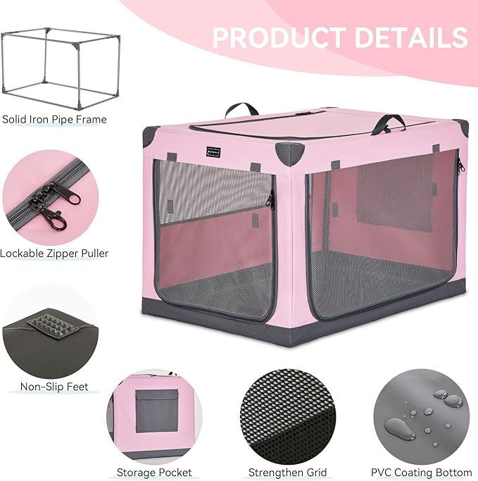 PETSFIT Collapsible Dog Crate, with Patented Adjustable Fabric Cover, Chewproof & Lockable Mesh Doors, Waterproof Base Portable Kennel Pink 36 Inch
