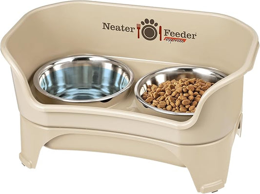 Neater Feeder - Express Model - Mess-Proof Dog Bowls (Medium/Large, Almond) – Made in USA – Elevated, No Spill, Non-Tip, Non-Slip, Raised Stainless Steel Food & Water Pet Bowls