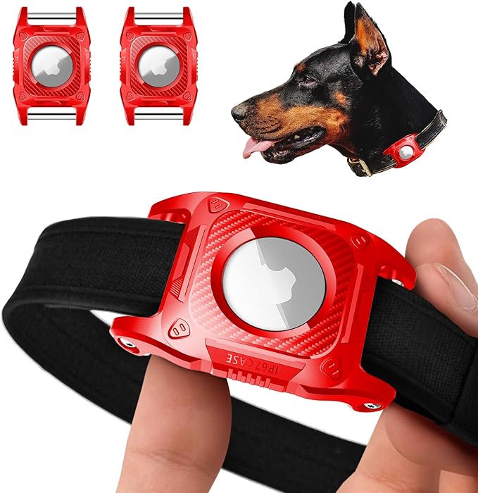 IP68 Waterproof Airtag Case for Dog Collar [2 Pack] Airtag Dog Collar Holder Hard TPU Full Protection Airtag Holder with Removable Handle Cat Dog GPS Tracker Anti Loss air tag Cover（Red）