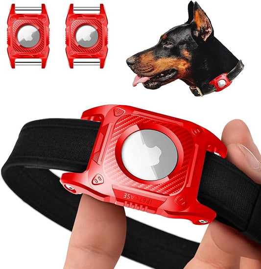 IP68 Waterproof Airtag Case for Dog Collar [2 Pack] Airtag Dog Collar Holder Hard TPU Full Protection Airtag Holder with Removable Handle Cat Dog GPS Tracker Anti Loss air tag Cover（Red）
