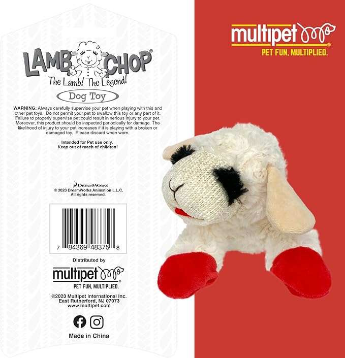 Multipet Mini Lamb Chop Officially Licensed, Plush, Squeak Pet Toy (White, 10')